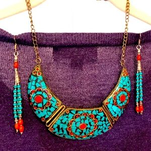 Beautiful turquoise and orange necklace & earrings brought back from Nepal.